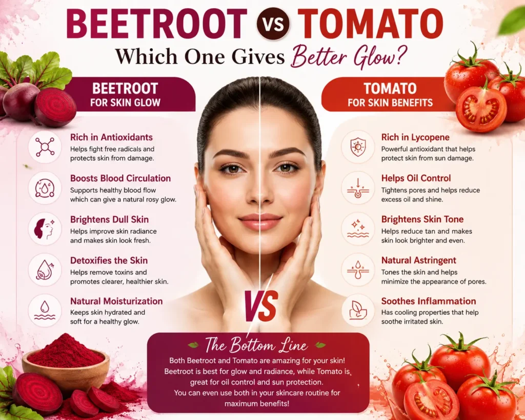 Beetroot vs Tomato for skin glow comparison showing benefits of beetroot for skin glow and tomato for skin benefits