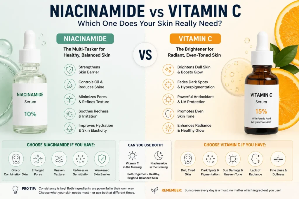 Niacinamide vs Vitamin C for Skin comparison showing benefits for dark spots, oily skin, uneven skin tone and glowing skin