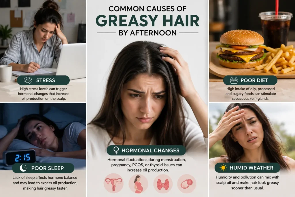 Common causes of greasy hair by afternoon including stress poor sleep and excess oil production