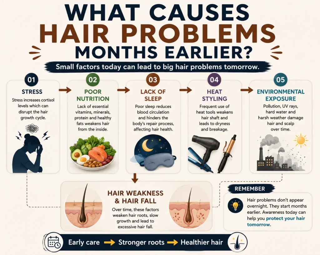 Infographic showing stress poor nutrition lack of sleep heat styling and environmental exposure causing hair problems months before visible hair loss