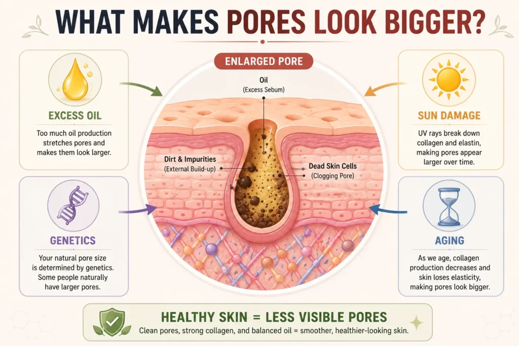 Large Pores on Face infographic explaining the common causes of enlarged pores including excess oil, sun damage, genetics, and aging.
