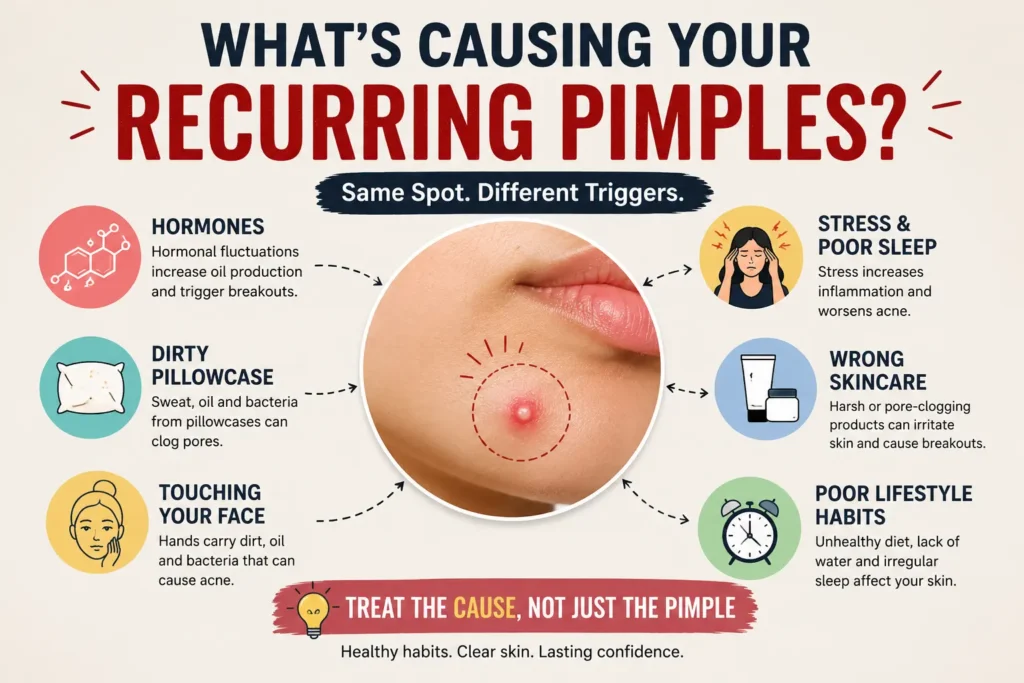 Common causes of recurring pimples in the same spot including hormones, stress, dirty pillowcases, and skincare mistakes
