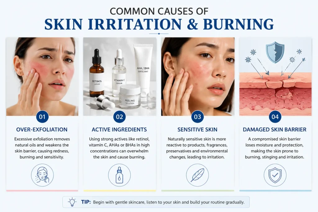 Common causes of skin burning after skincare including over exfoliation active ingredients sensitive skin and damaged skin barrier