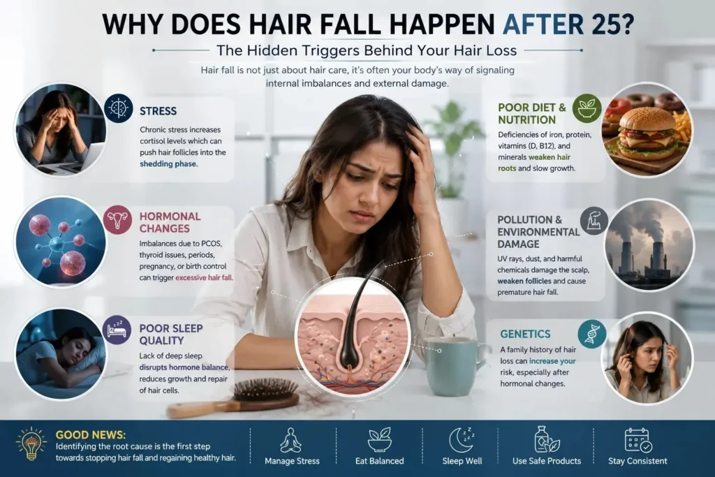 Common Causes of Hair Fall After 25 in Women including stress hormones poor sleep and nutrition deficiencies