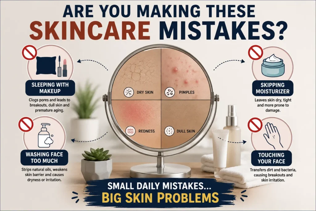 Person noticing skin problems caused by common daily skincare mistakes