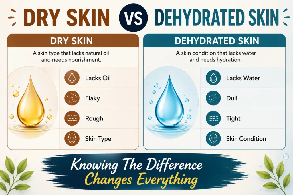 Comparison chart showing difference between dry skin and dehydrated skin