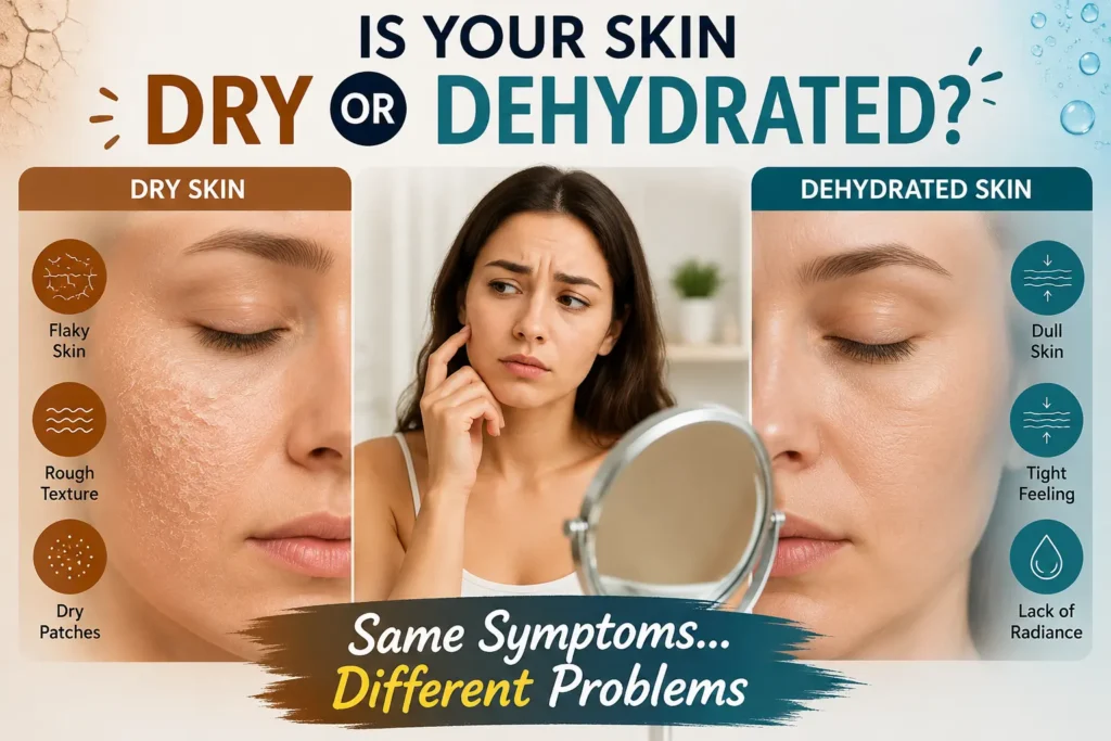 Woman comparing dry skin vs dehydrated skin with visible dryness and dehydration symptoms