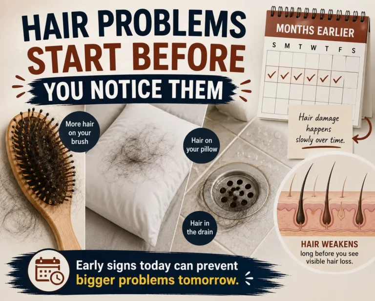Early signs of hair problems showing hair shedding on brush pillow and drain with weakened hair follicles
