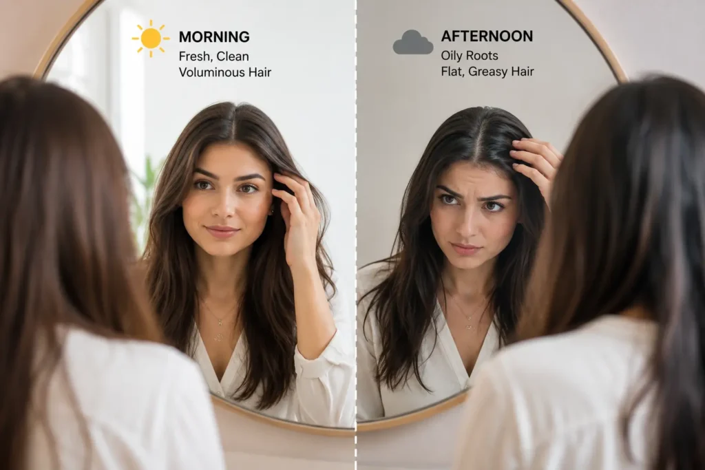 Greasy Hair By Afternoon showing flat oily roots and loss of hair volume