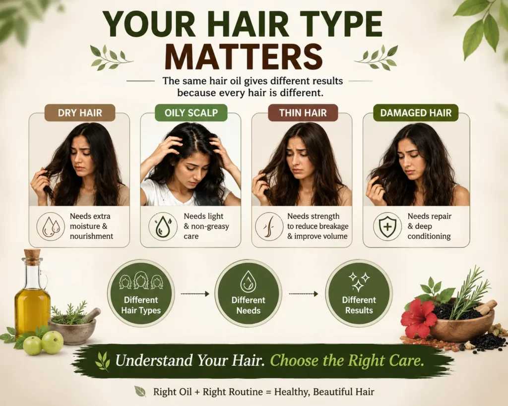 Best Hair Oil for Hair Type showing how dry hair oily scalp thin hair and damaged hair need different care