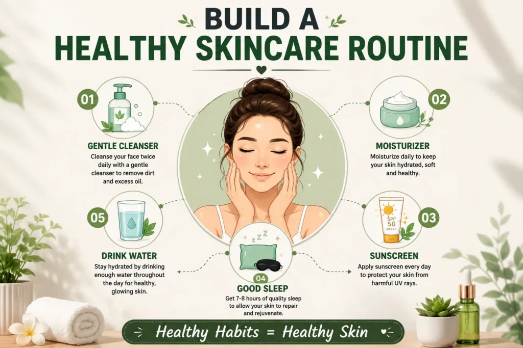 Healthy skincare routine infographic with cleanser moisturizer sunscreen hydration and sleep