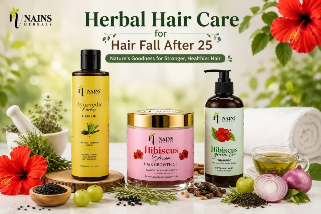 Herbal Hair Care for Hair Fall After 25 in Women with Ayurvedic Hair Oil Hibiscus Onion Hair Gel and Hibiscus Green Tea Shampoo