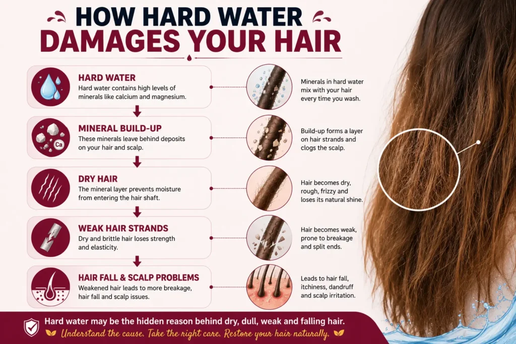 How Hard Water Hair Damage occurs through mineral buildup causing dry hair weak hair strands and scalp problems