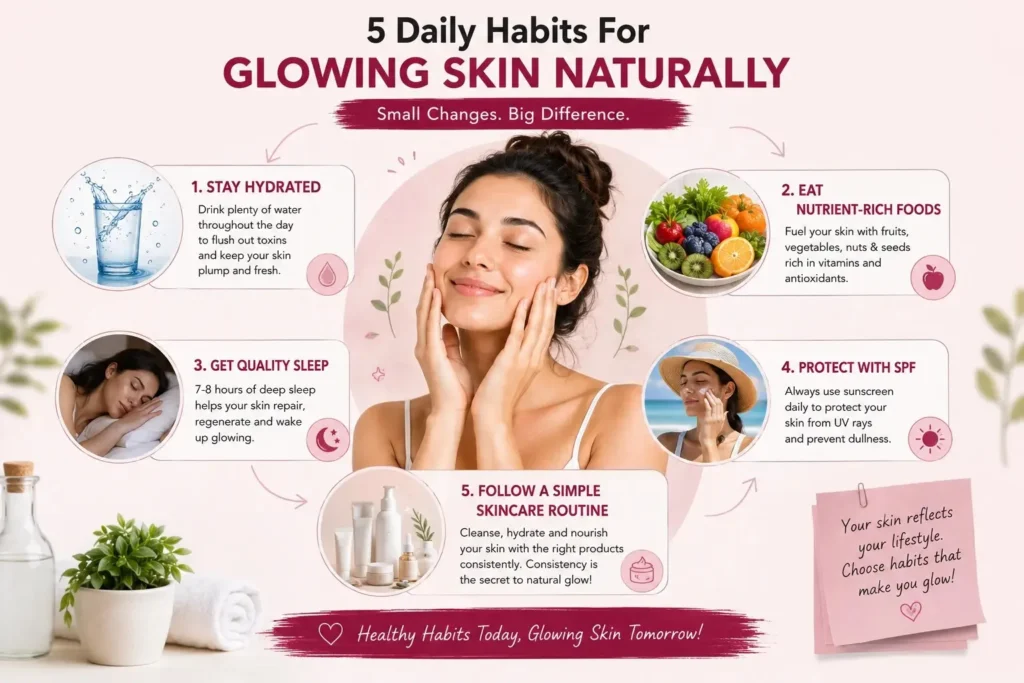 How to get glowing skin naturally with hydration, healthy food, quality sleep, sunscreen, and a consistent skincare routine
