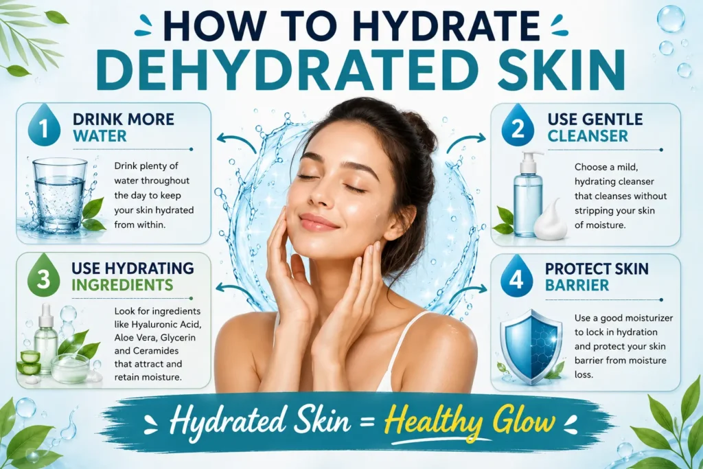 Tips to hydrate dehydrated skin including water intake gentle cleansing and skin barrier protection