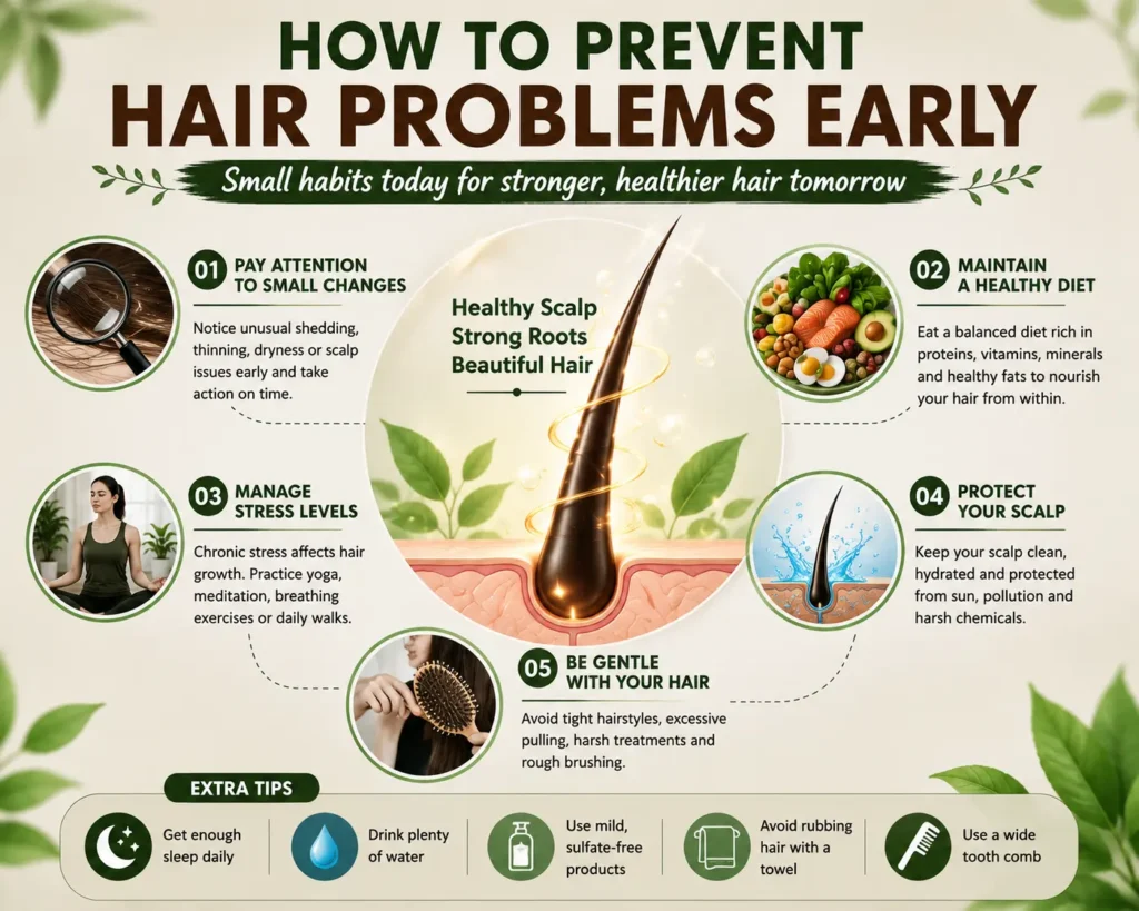 Tips to prevent hair problems early through healthy diet stress management scalp care and healthy hair habits