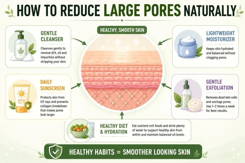 Large Pores on Face infographic showing how to reduce large pores naturally with gentle cleansing, lightweight moisturizer, sunscreen, exfoliation, and healthy habits.