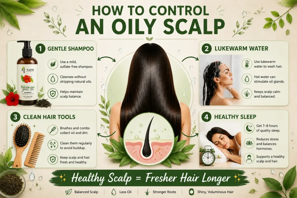Tips to reduce oily scalp naturally including gentle shampoo clean tools and healthy habits