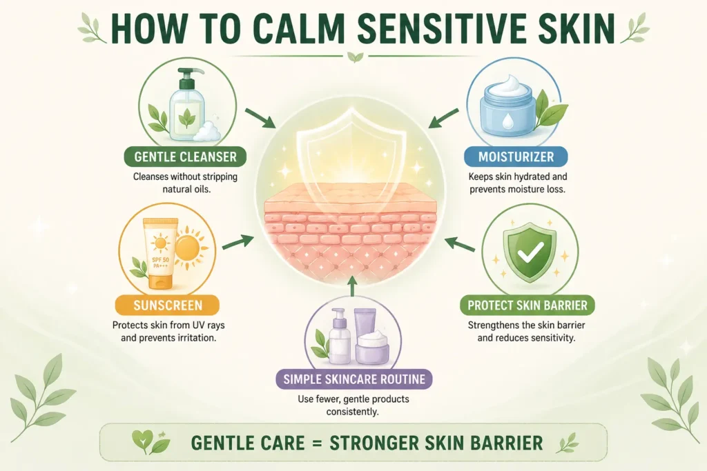 Infographic showing daily habits to reduce skin sensitivity and strengthen the skin barrier