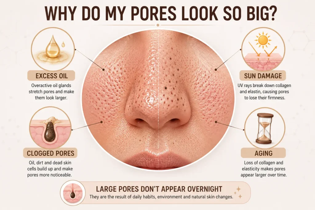 Large Pores on Face illustration showing enlarged pores, excess oil, blackheads, and uneven skin texture.