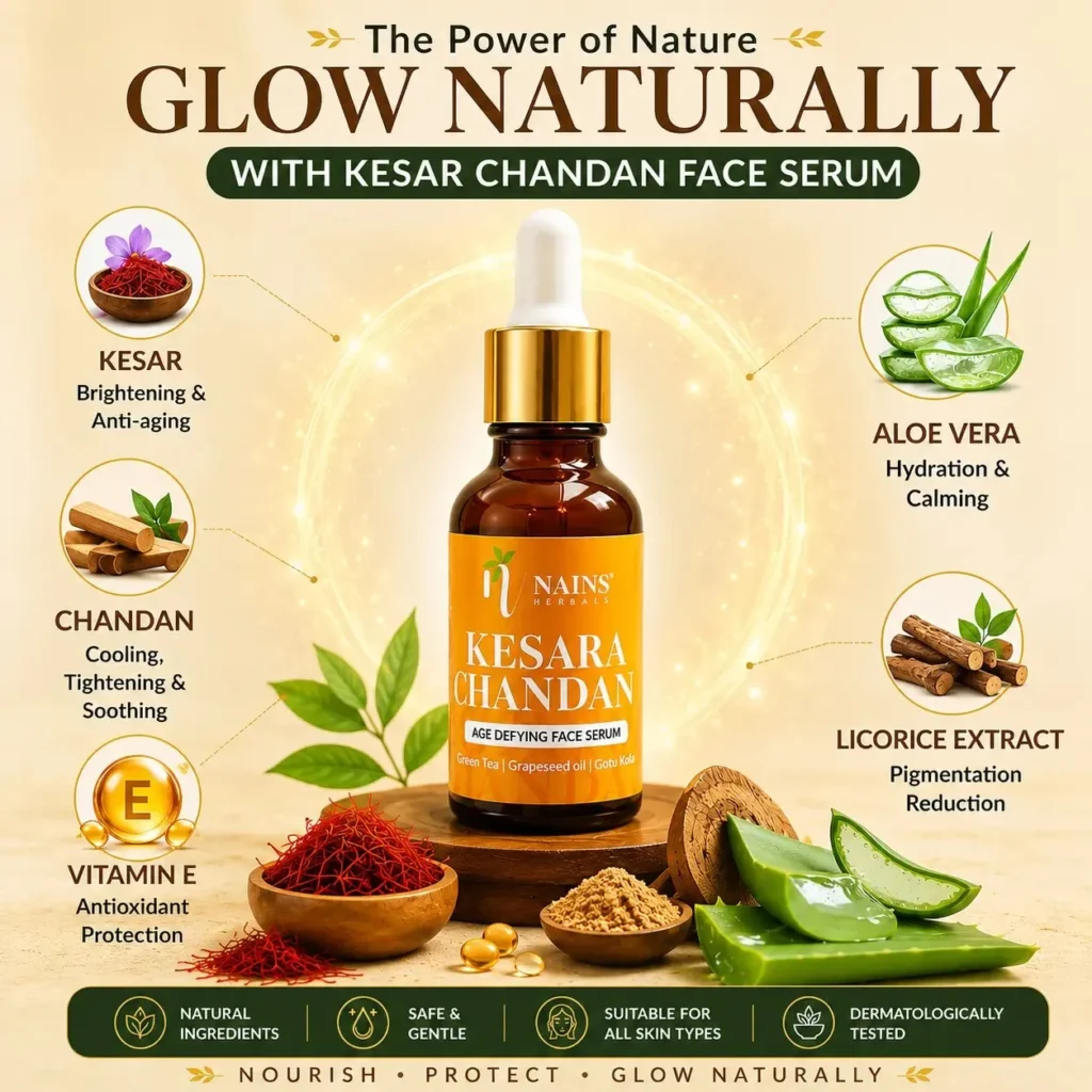 Nains Herbals Kesar Chandan Face Serum with saffron sandalwood aloe vera vitamin E and licorice extract for glowing skin