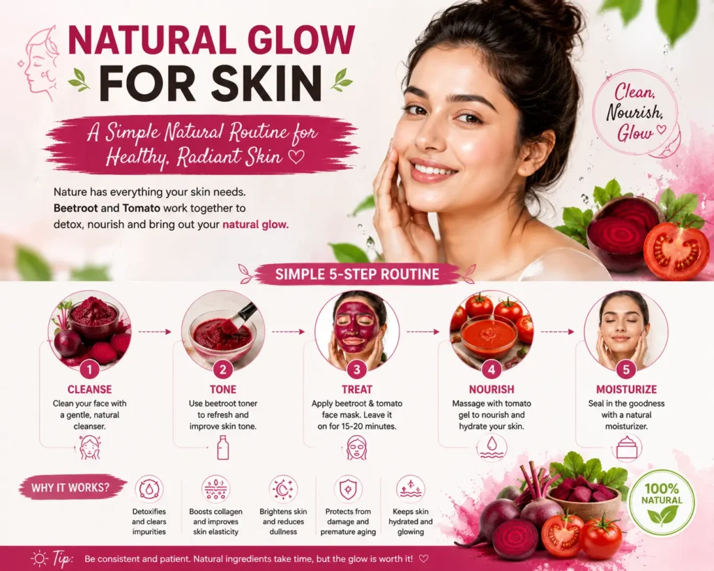 Natural Glow for Skin routine using beetroot and tomato for healthy radiant skin