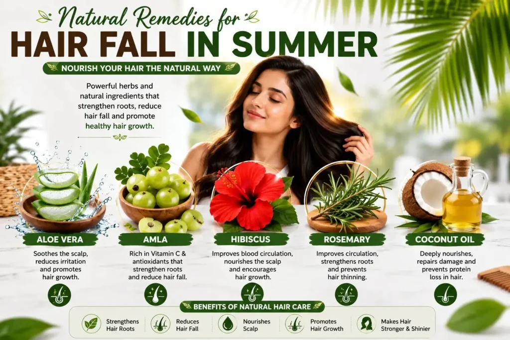 Natural remedies for hair fall in summer including aloe vera, amla, hibiscus, rosemary and coconut oil