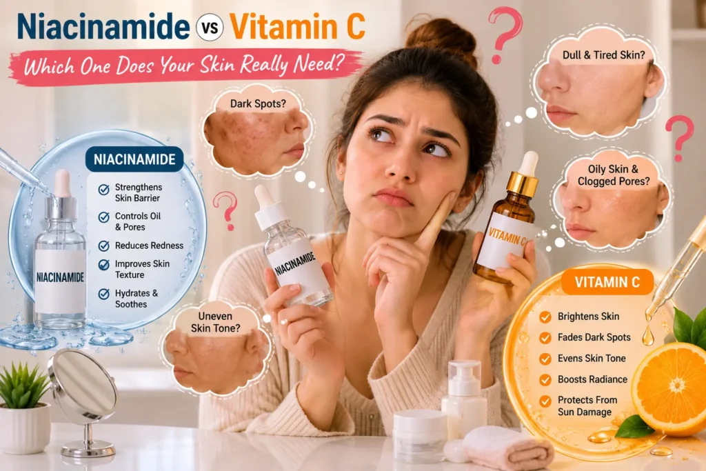 Niacinamide vs Vitamin C for Skin comparison showing benefits for dark spots, dull skin, uneven texture, and glowing skin