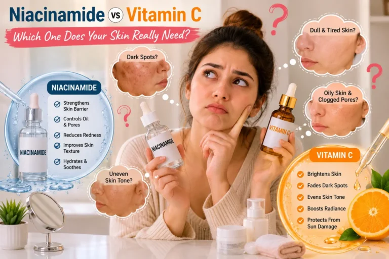 Niacinamide vs Vitamin C for Skin comparison showing benefits for dark spots, dull skin, uneven texture, and glowing skin