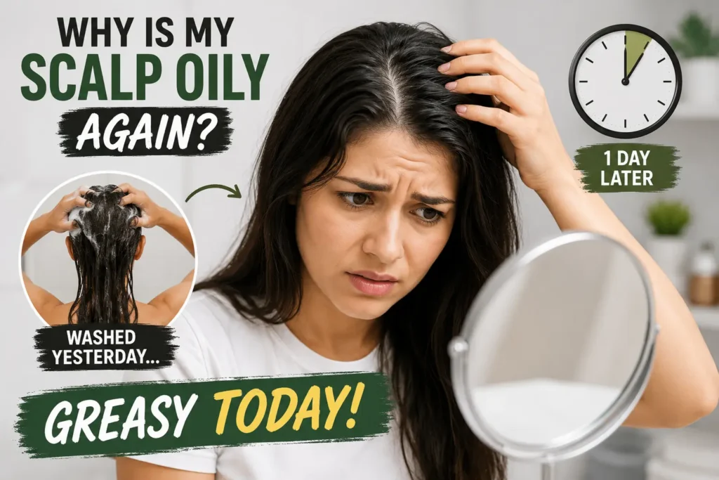 Woman experiencing oily scalp after washing with greasy hair roots one day later