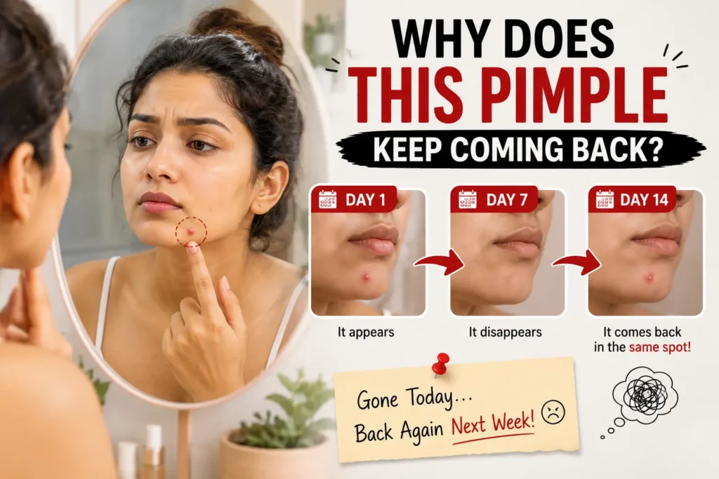 Recurring Pimples in Same Spot showing a pimple returning on the chin repeatedly over time