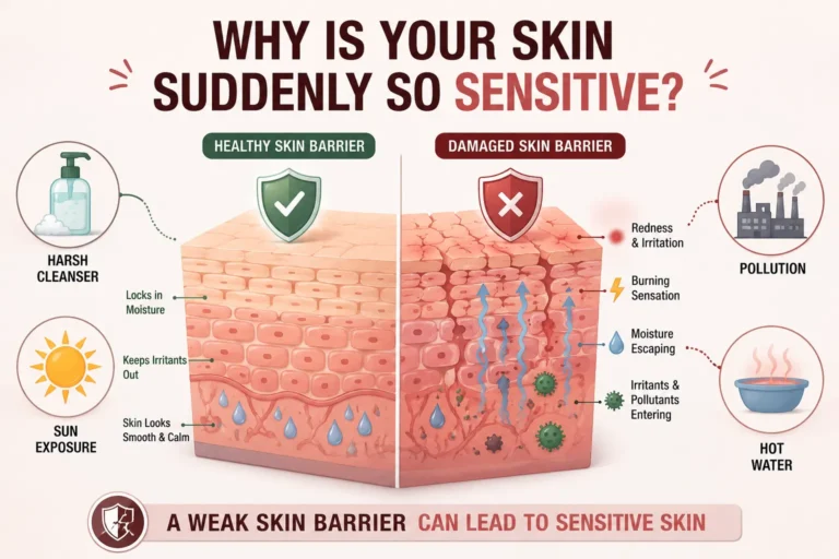 Sensitive Skin Causes illustration showing a damaged skin barrier with redness, irritation, moisture loss, and environmental triggers.
