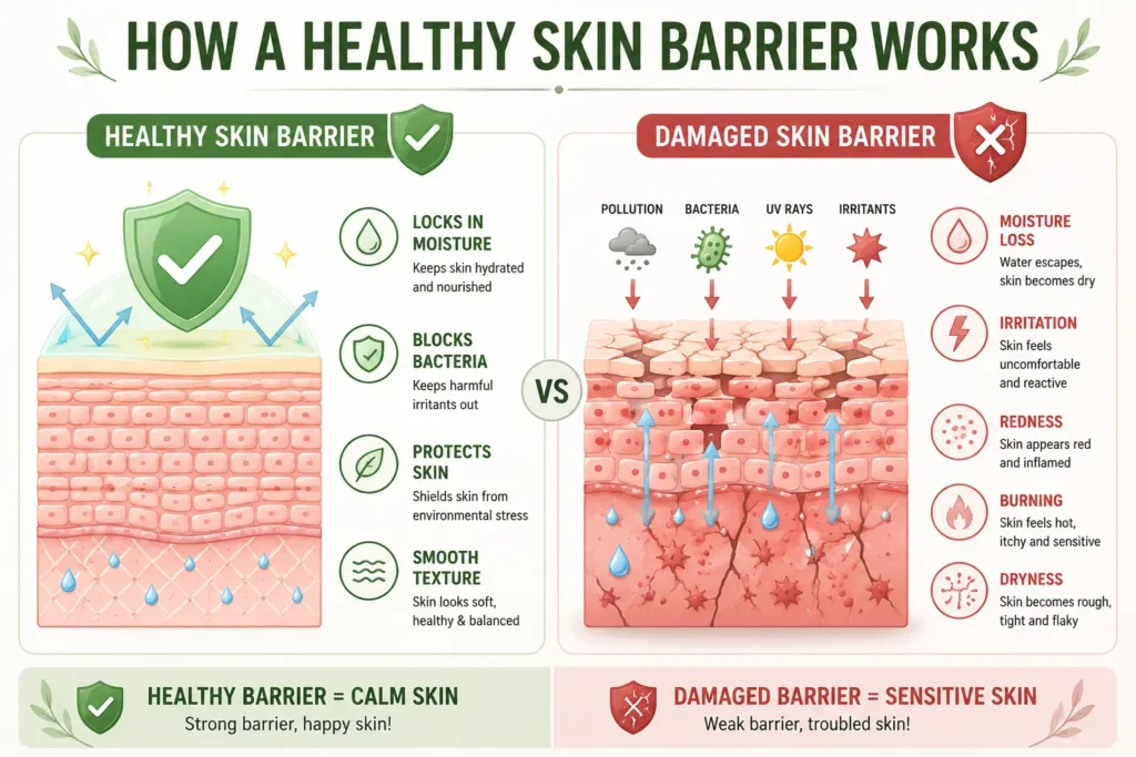 Comparison infographic showing healthy skin barrier versus damaged skin barrier