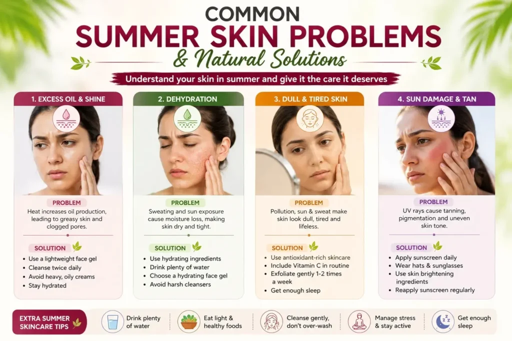 Common summer skin problems including oily skin dehydration and dull skin