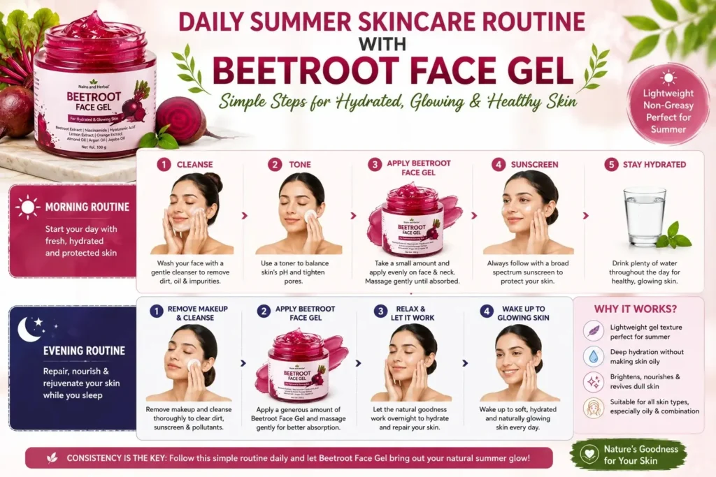 Daily summer skincare routine using beetroot face gel