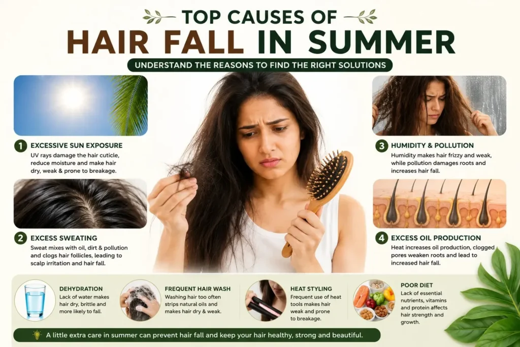 Top causes of hair fall in summer including sun exposure, sweating and scalp issues