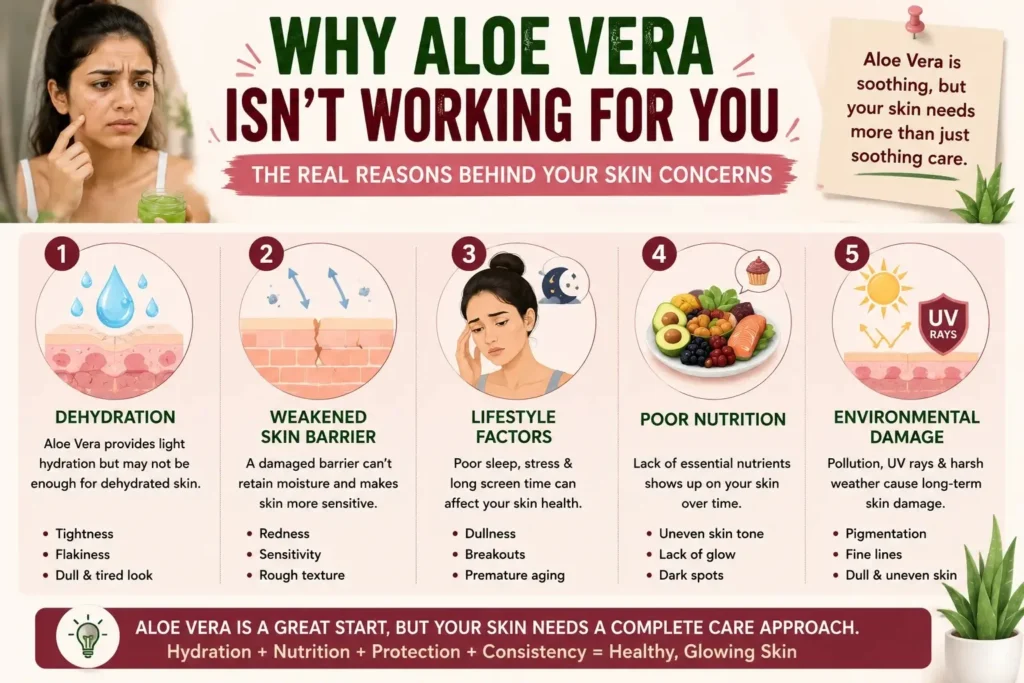 Why Aloe Vera is not working for skin due to dehydration, weakened skin barrier, poor nutrition, lifestyle factors, and environmental damage
