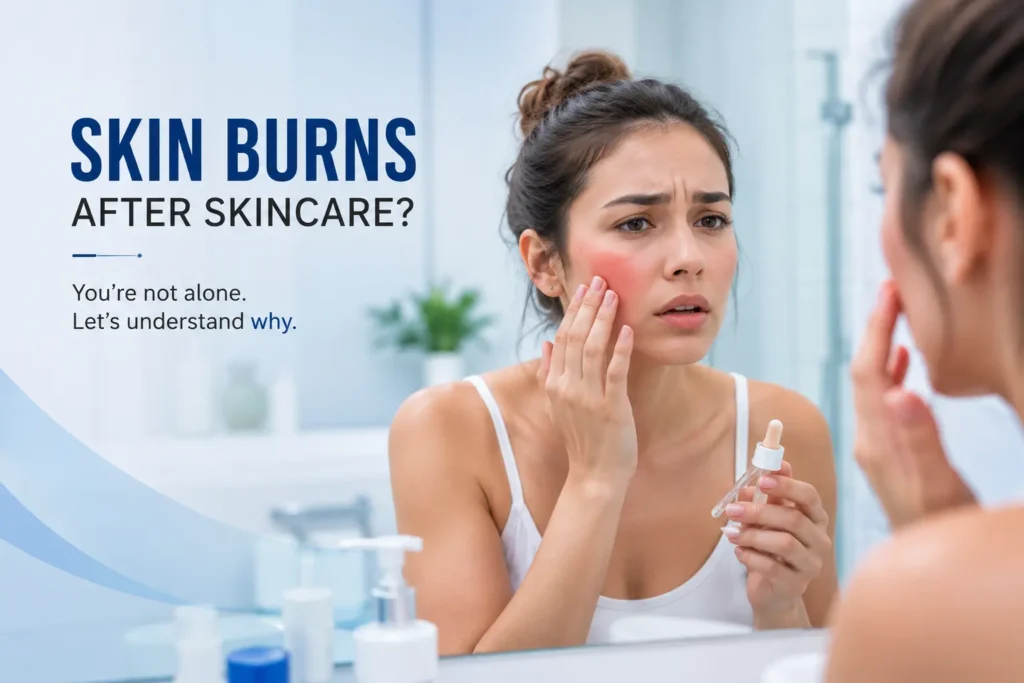 Skin burns after applying skincare products causing redness and irritation