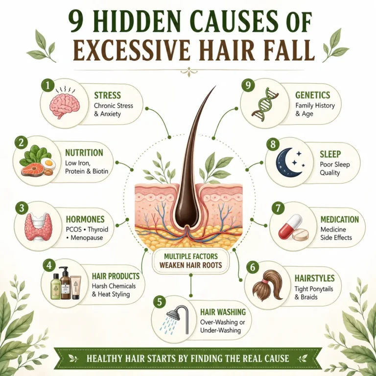 9 Hidden Causes of Excessive Hair Fall infographic showing common hair fall reasons including chronic stress, nutritional deficiencies, hormonal imbalance, harsh hair products, improper hair washing, tight hairstyles, medication side effects, poor sleep, and genetics affecting healthy hair growth.
