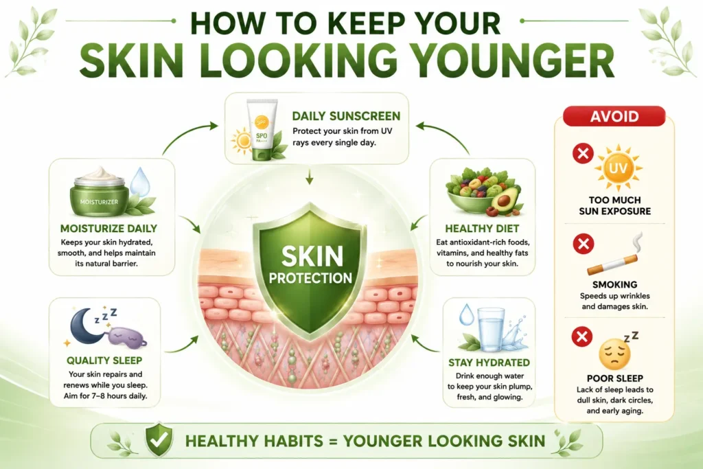 Premature Skin Aging infographic showing daily sunscreen, moisturizer, healthy diet, quality sleep, hydration, and skin protection to support younger-looking skin.