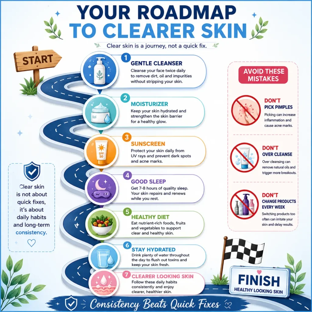 Persistent Acne infographic showing a step-by-step skincare roadmap with gentle cleansing, moisturizing, sunscreen, quality sleep, a healthy diet, hydration, and consistent skincare habits for clearer-looking skin.