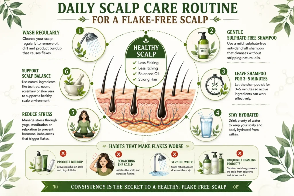 White flakes on shoulders infographic showing a daily scalp care routine with regular washing, gentle sulphate-free shampoo, proper shampoo application time, hydration, stress management, and scalp balance to help get rid of dandruff and reduce white flakes in hair.