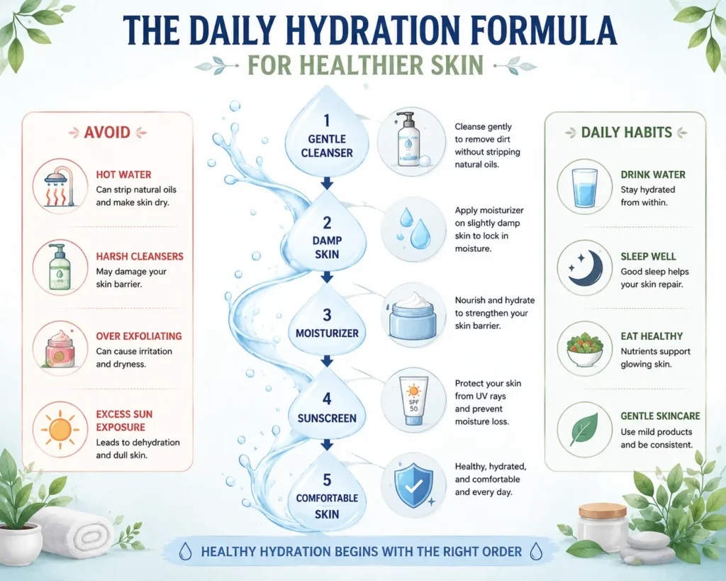 Daily Skin Hydration Formula infographic showing the correct skincare routine with gentle cleansing, applying moisturizer on damp skin, sunscreen, and healthy daily habits to maintain hydrated, healthy-looking skin.