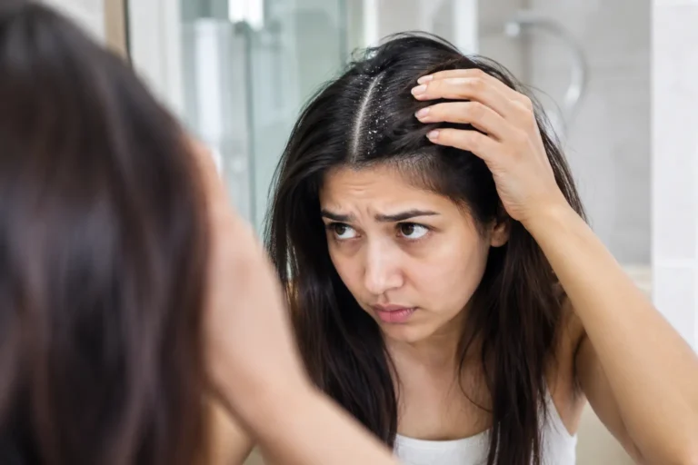 Woman checking her scalp in the mirror because dandruff keeps coming back