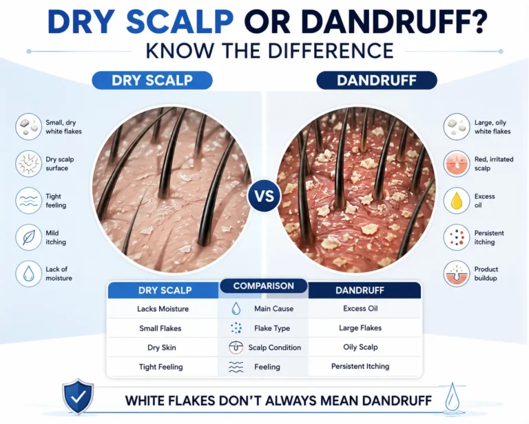 Dry Scalp vs Dandruff infographic comparing dry scalp and dandruff with white flakes, dry scalp, scalp irritation, moisture loss, excess oil, and persistent itching.