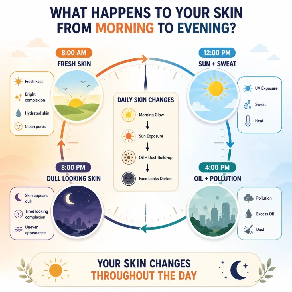 Face Looks Darker by Evening infographic showing how skin changes from morning to evening due to sun exposure, sweat, excess oil, pollution, and daily environmental buildup.