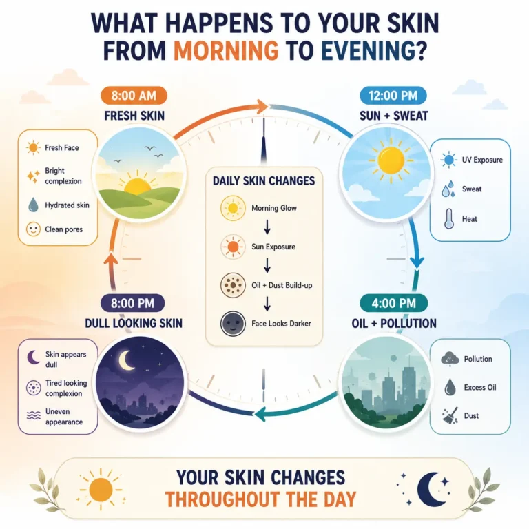 Face Looks Darker by Evening infographic showing how skin changes from morning to evening due to sun exposure, sweat, excess oil, pollution, and daily environmental buildup.