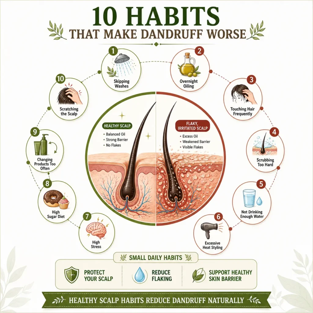 Habits that make dandruff worse infographic showing 10 common dandruff causes including skipping washes, overnight oiling, touching hair frequently, harsh scrubbing, dehydration, heat styling, stress, a high sugar diet, changing products too often, and scratching the scalp.