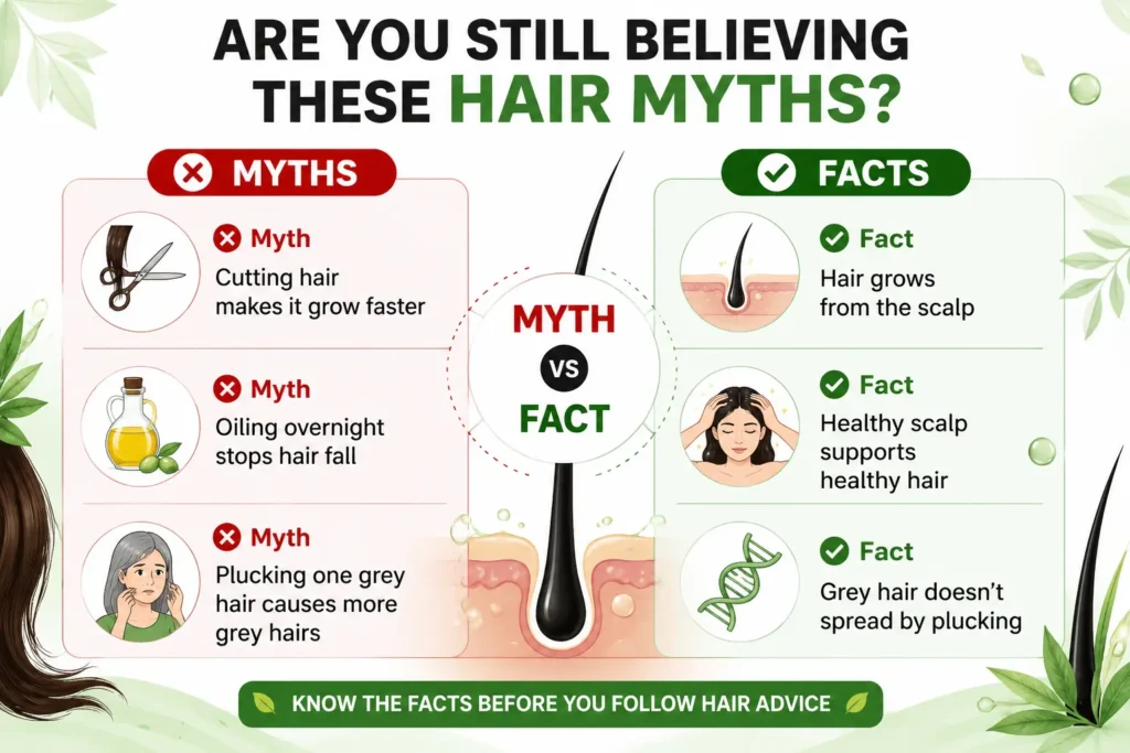 Hair Care Myths infographic comparing common hair myths and facts, including hair growth, oiling, and grey hair misconceptions.
