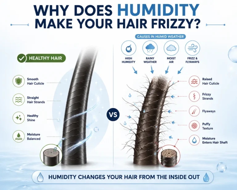 Hair Frizz in Humidity infographic showing healthy hair versus frizzy hair caused by high humidity, moisture, raised hair cuticles, and flyaways.
